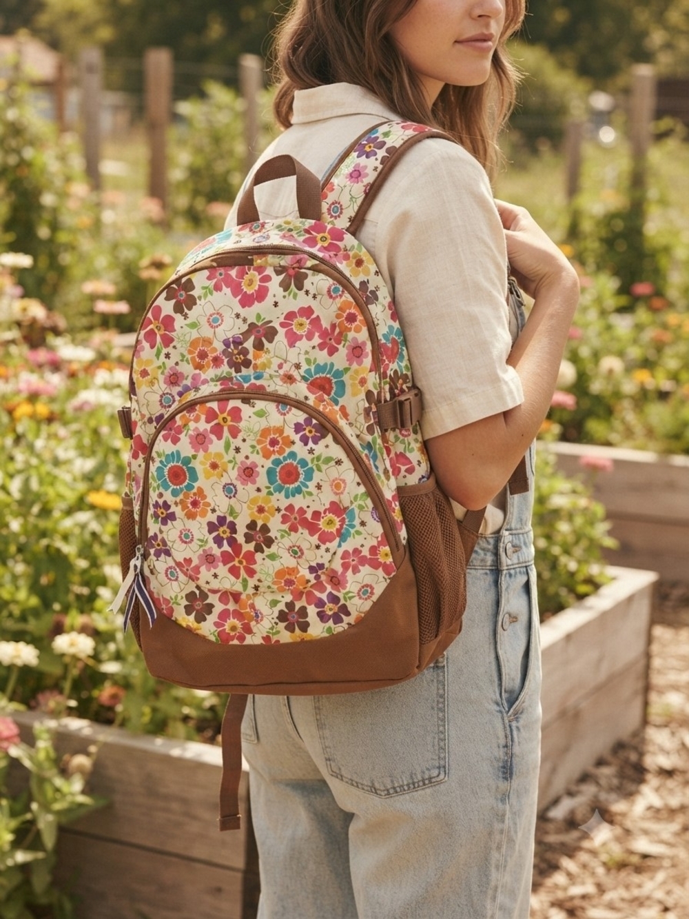 Floral Canvas Backpack with Brown Trim - Floral